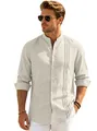 Men's casual beige mandarin collar long-sleeve shirt with pleated front details - S / Tops / Khaki
