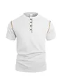 Men's white short sleeve Henley shirt with pineapple grid texture and contrast stitching - S / Tops / White