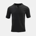 Front view of black short-sleeved Henley t-shirt with a chest pocket and wood buttons. - S / Tops / Black
