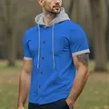 Casual men's blue short sleeve hooded shirt with contrast grey hood and chest pocket detail - S / Tops / Sapphire Blue