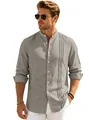 Premium men's casual band collar linen shirt in taupe gray with vertical pleated chest detail - Gray