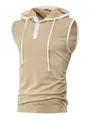 Men's khaki sleeveless sports hoodie with white drawstring and buttons - S / Tops / Khaki