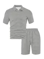 Men's grey textured short sleeve Polo shirt and shorts two-piece casual breathable sport set - Light Gray