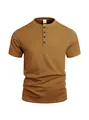 Men's retro brown short sleeve Henley shirt with honeycomb texture and 4-button placket - S / Tops / Dark Brown