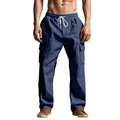 Close-up of men's blue loose linen cargo pants with functional drawstring and cargo pockets - Navy Blue