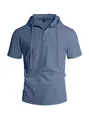 Primo piano di una camicia blu da uomo con cappuccio in stile lino e colletto bottoni - Taglia S / Top / Blu navy