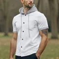 Men's short sleeve waffle knit hooded shirt with buttons and chest pocket in white - S / Tops / White