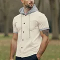 Men's stylish beige hooded short sleeve Henley shirt featuring gray contrast trim and chest pocket - S / Tops / Khaki