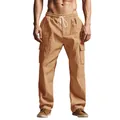Men's casual khaki linen cargo pants featuring drawstring waist and side pockets. - Earthy Yellow