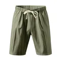 Close-up detail of men's olive green striped casual shorts with drawstring elastic waist - S / Bottoms / Army Green