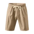 Detail shot of men's khaki striped casual shorts with elastic drawstring waist. - Khaki