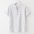 Close-up detail of light grey linen blend short sleeve shirt with stand collar - S / Top (CY—62) / White