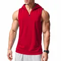 Breathable men's red sleeveless hooded gym vest with zipper and pocket for fitness - S / Tops / Red