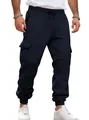 Men's navy blue fleece cargo sweatpants with drawstring and functional multi-pockets - S / Bottoms / Navy Blue