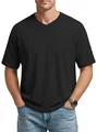 Detailed view of black men's waffle knit T-shirt featuring a V-neck and raglan sleeves - Black