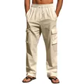 Men's breathable summer linen cargo pants with loose fit drawstring and multi-pockets - Khaki