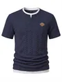 Macro view of men's navy cable knit T-shirt with textured fabric and leather patch - Navy Blue