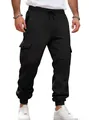 Black men's fleece-lined cargo joggers featuring paneled multi-pockets and drawstring waist - S / Bottoms / Black