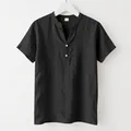Detail of men's black linen henley shirt with mandarin collar and white buttons - S / Top (CY—62) / Black