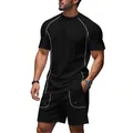 Men's casual black sports t-shirt and shorts set with contrast stitching detail - S / Top And Bottom / Black