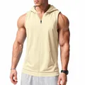 Sleeveless slim fit hooded zip-up gym training vest for men in cream white solid color - S / Tops / Khaki