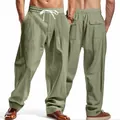 Detailed front and back views of men's breathable loose green linen-style trousers - Grey Green