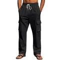 Men's black linen cargo pants with drawstring and multi-pockets in loose straight fit - S / Bottoms / Black