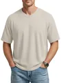 Detailed view of the waffle-knit fabric and V-neckline on a casual men's T-shirt - Khaki