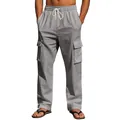 Grey men's linen cargo pants with drawstring waist and side pockets - S / Bottoms / Gray