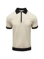 Front view of men's quarter-zip waffle knit polo shirt in cream with black contrast - S / Tops / Khaki