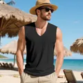 Detailansicht eines schwarzen Herren-Muskelshirts mit V-Ausschnitt im Strandurlaubs-Stil - S / Oberteile / Schwarz