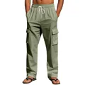 Groene linnen cargobroek voor heren met trekkoord en meerdere zakken, casual stijl. - S / Bottoms / Legergroen