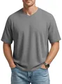 Detailed view of the grey waffle knit texture and V-neckline on this casual men's raglan T-shirt - Light Heather Gray