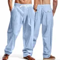 Front and back detail view of men's loose light blue wide-leg breathable casual pants - Light Blue