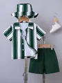 Set premium per bambini con camicia a righe verdi e bianche, pantaloncini e cappello bucket - 120cm / Top E Pantaloni / Verde
