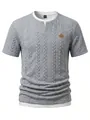 Detailed texture of grey cable-knit men's fake two-piece T-shirt with leather patch. - Light Gray