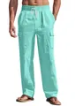 Men's casual mint green linen cargo pants with elastic drawstring waist and multi-pockets - Cyan