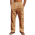 Men's loose fit khaki linen cargo pants with drawstring waist and multi-pockets - Earthy Yellow