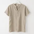 Men's khaki linen short-sleeved shirt with stand collar and two-button placket - S / Top (CY—62) / Khaki