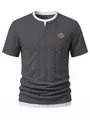 Close-up of men's slim fit textured jacquard t-shirt with faux two-piece design - Dark Gray