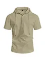 Chemise décontractée à capuche en lin kaki pour homme avec cordon et patte de boutonnage - Kaki