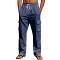 Men's loose linen cargo pants in blue with drawstring waist and multi-pockets - Navy Blue