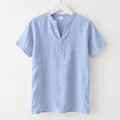 Light blue men's linen short sleeve Henley shirt with stand collar for summer wear - S / Top (CY—62) / Light Blue