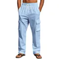 Men's casual light blue linen cargo pants with drawstring waist and straight leg - Sky Blue