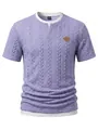 Detailed view of men's purple jacquard t-shirt with fake two-piece design and leather patch - S / Tops / Purple