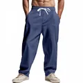 Men's American style loose wide-leg navy blue casual pants in thin breathable fabric - Navy Blue