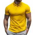 Close-up of men's summer short sleeve breathable polo shirt in vibrant yellow color - S / Tops / Yellow