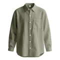 Vue détaillée de la texture coton-lin et de la poche sur la chemise décontractée olive. - S / Hauts / Vert Militaire