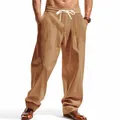 Men's loose wide-leg casual pants in breathable tan cotton fabric for summer wear - Earthy Yellow