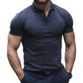 Close-up of a men's navy blue short sleeve polo shirt featuring a slim athletic fit - S / Tops / Navy Blue